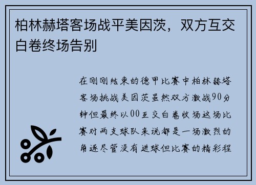 柏林赫塔客场战平美因茨，双方互交白卷终场告别