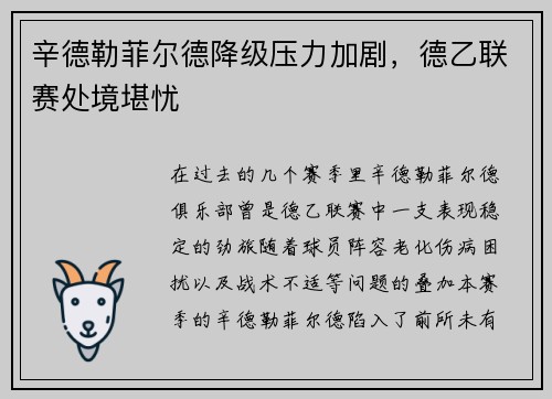 辛德勒菲尔德降级压力加剧，德乙联赛处境堪忧