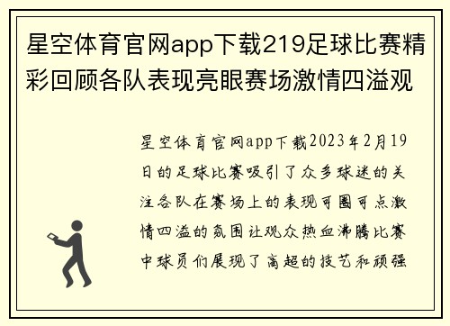 星空体育官网app下载219足球比赛精彩回顾各队表现亮眼赛场激情四溢观众热情高涨