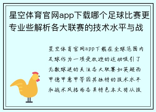 星空体育官网app下载哪个足球比赛更专业些解析各大联赛的技术水平与战术风格